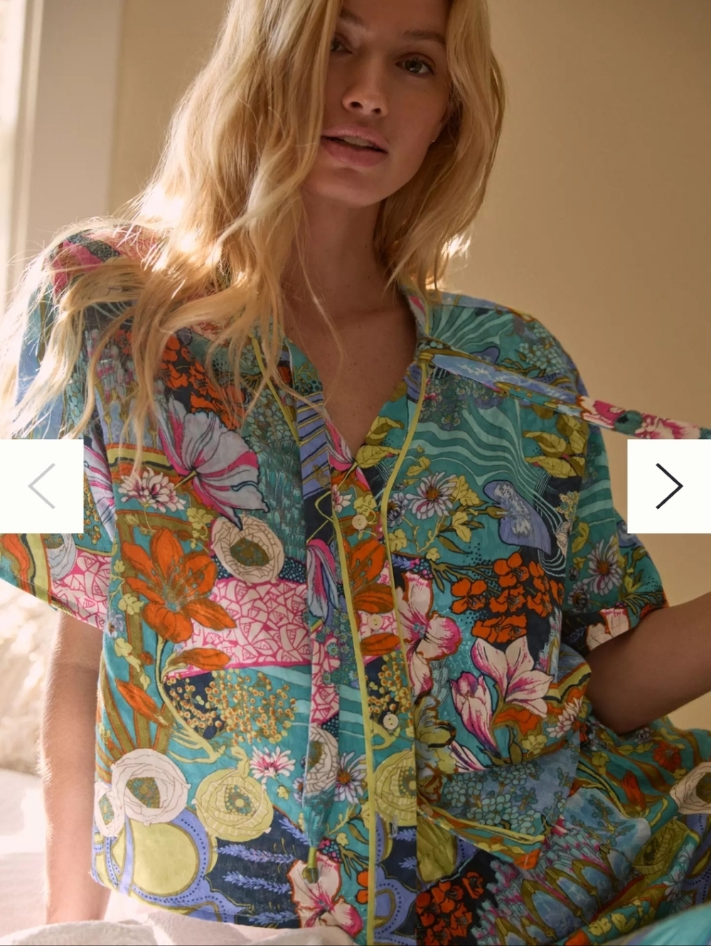 Anthropologie Teal Multi Floral Short Sleeve Button-Down Lounge Size S
